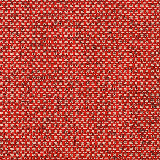 Dense scarlet upholstery weave with cream and dark flecks in a textured surface