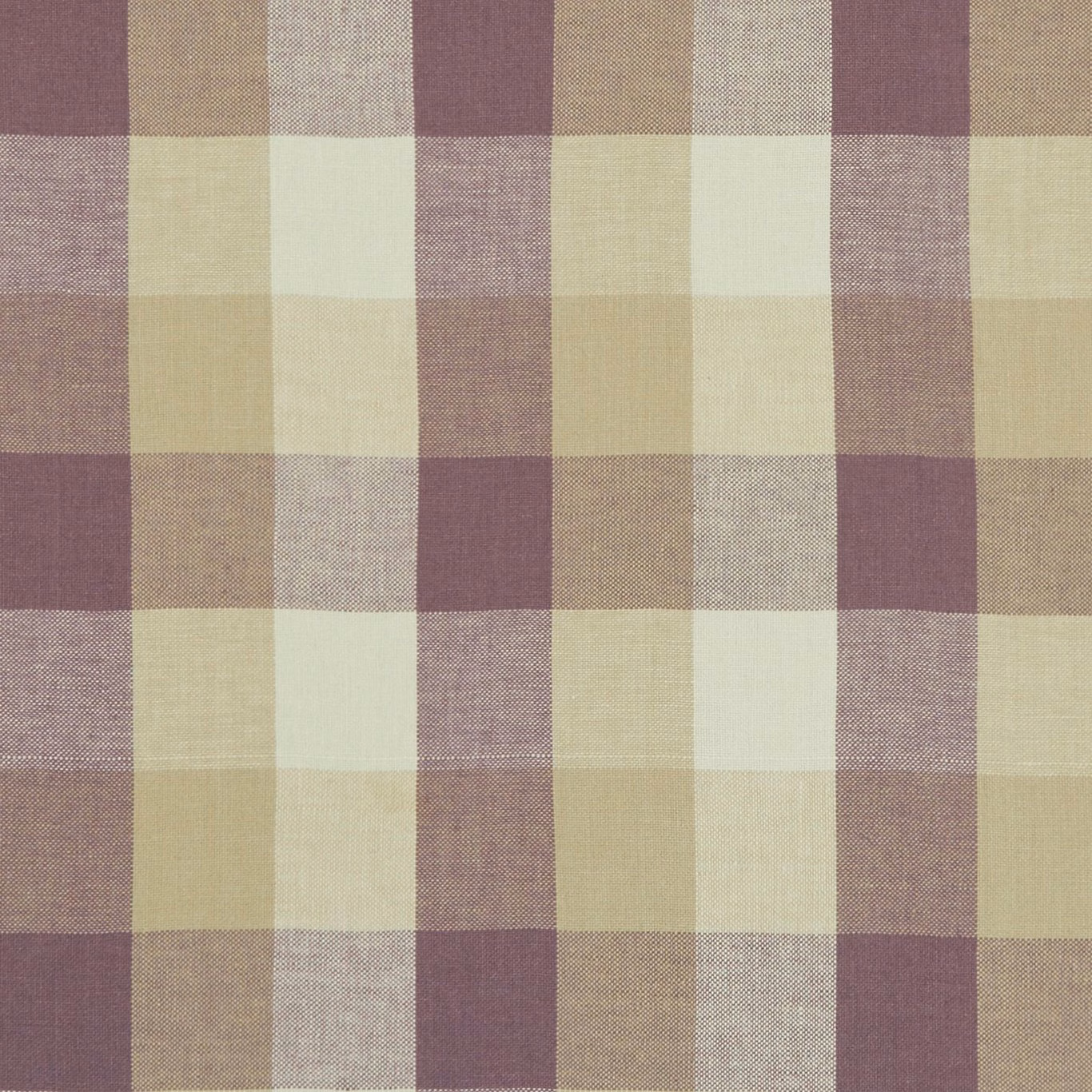 Muted heather-plum, oat and pale sage check with a softly textured weave