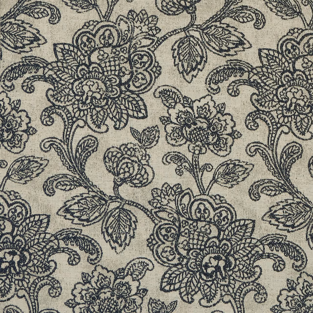 Charcoal floral paisley vines woven over a warm stone fabric ground