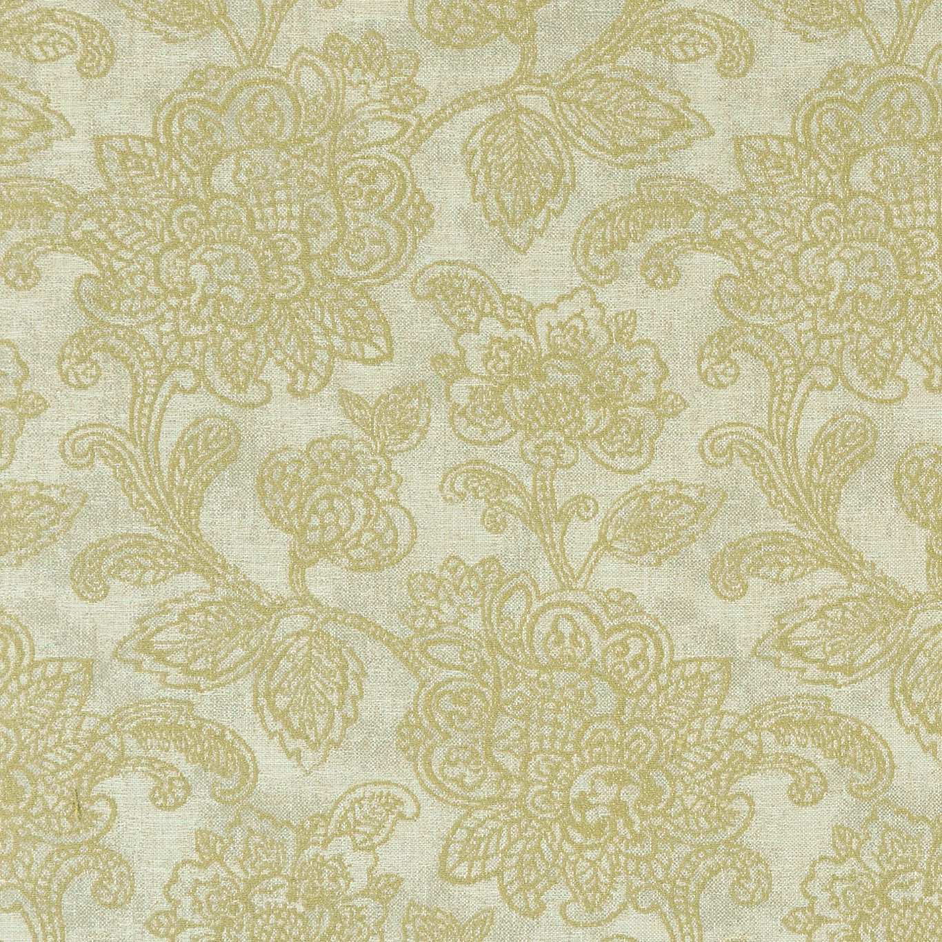 Pale citron woven fabric with olive-gold scrolling flowers and leaves