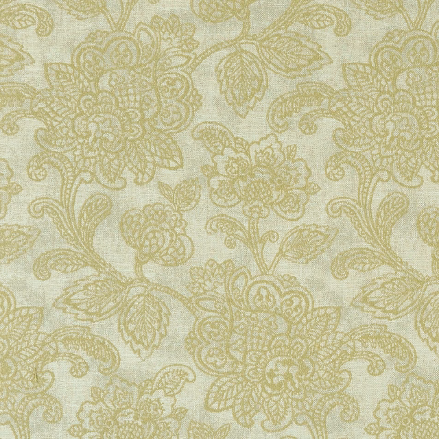 Pale citron woven fabric with olive-gold scrolling flowers and leaves
