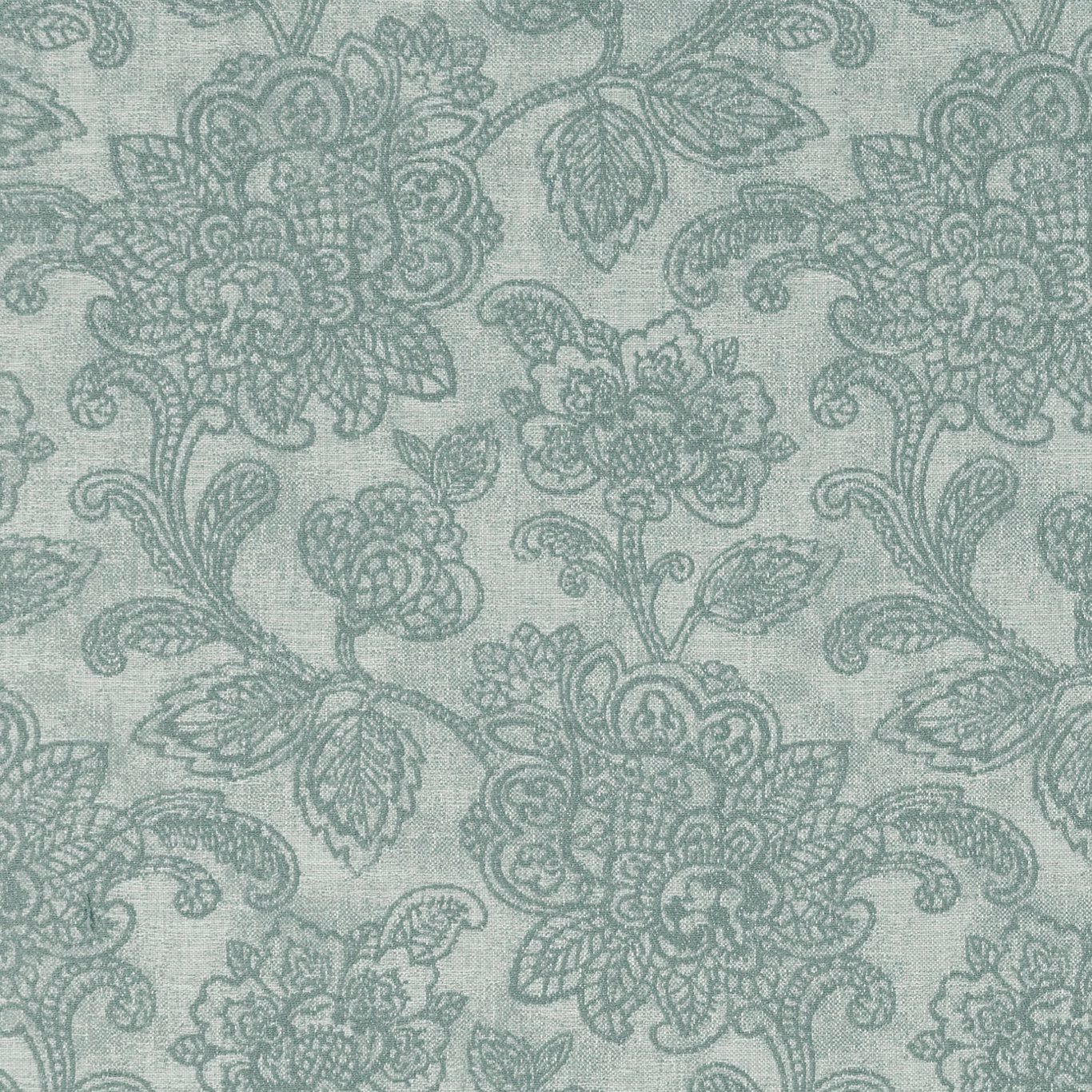 Pale eau de nil woven ground with grey-green scrolling floral bouquets