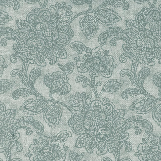Pale eau de nil woven ground with grey-green scrolling floral bouquets