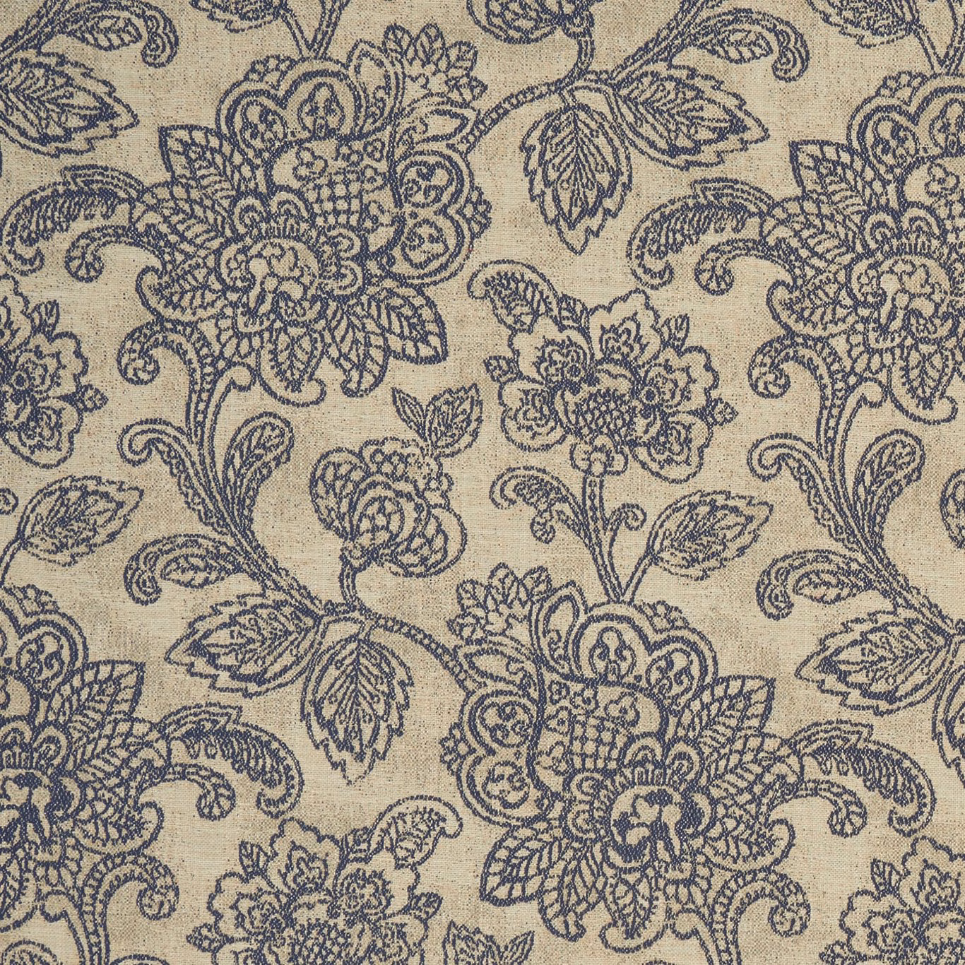 Midnight-blue floral and paisley motifs on a warm taupe woven ground