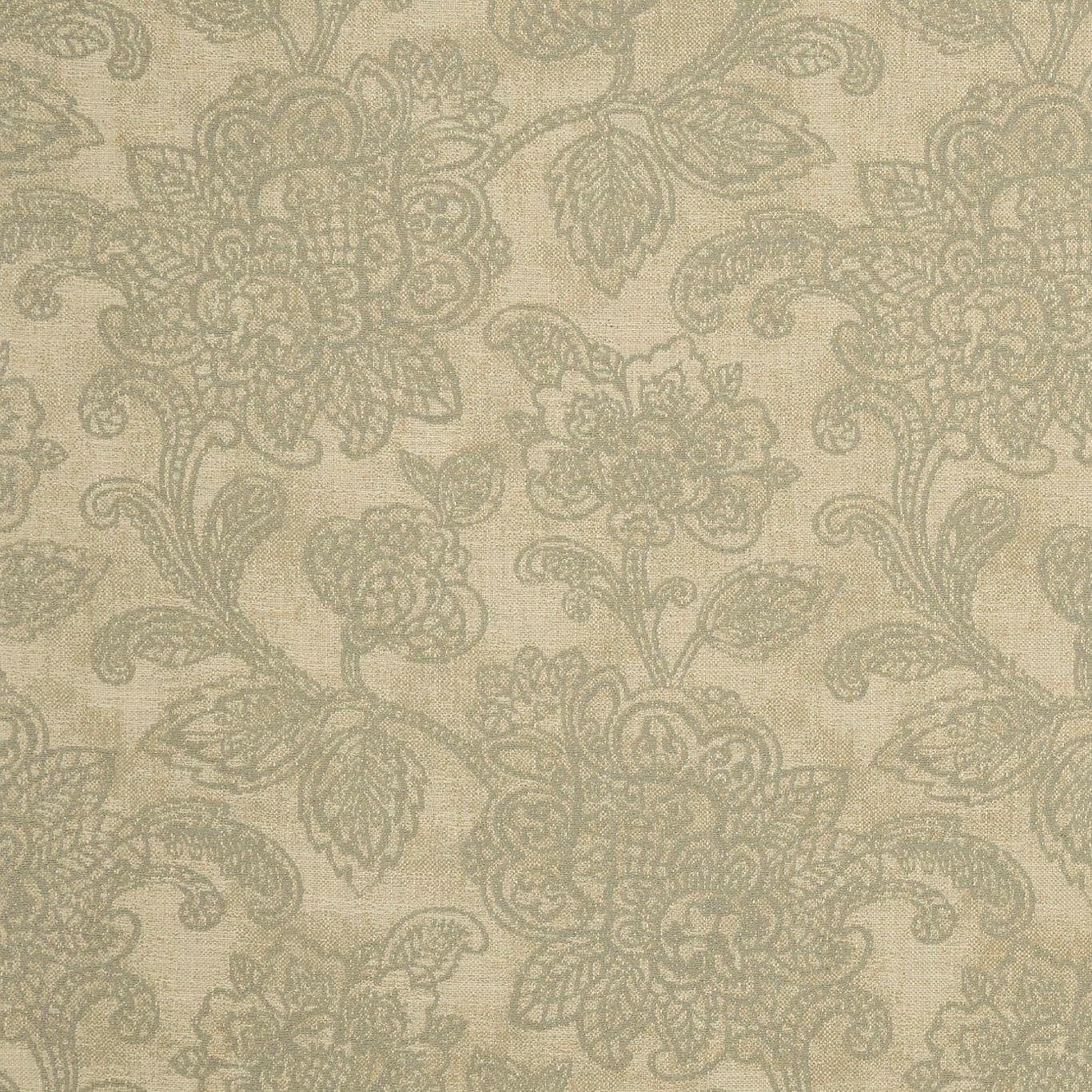 Muted sage floral damask woven on a warm mineral beige ground