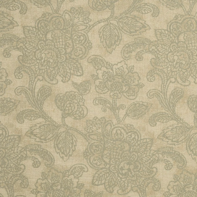 Muted sage floral damask woven on a warm mineral beige ground