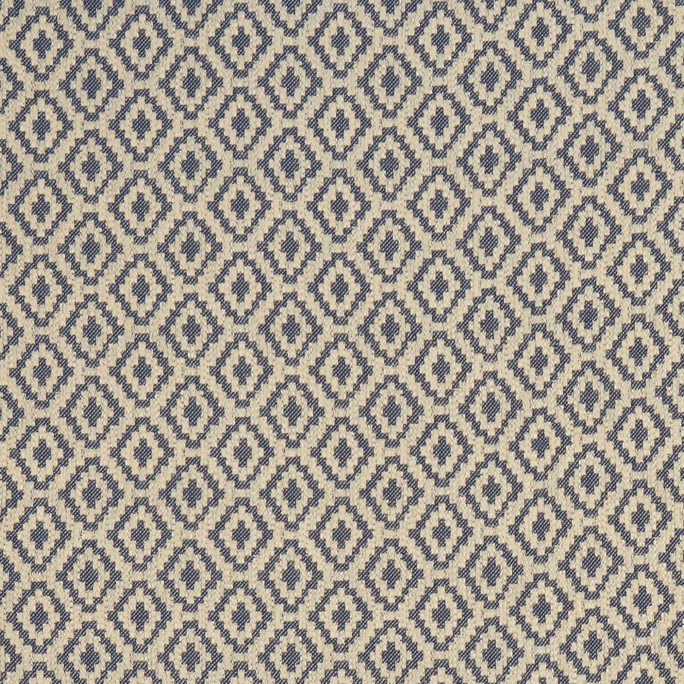 Cream woven fabric with repeated midnight-blue diamond motifs and subtle textured edges