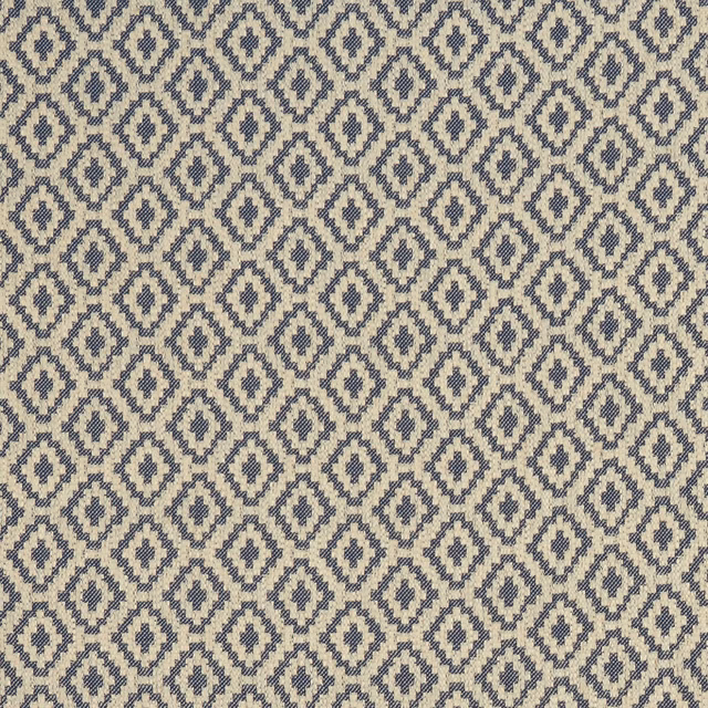 Cream woven fabric with repeated midnight-blue diamond motifs and subtle textured edges