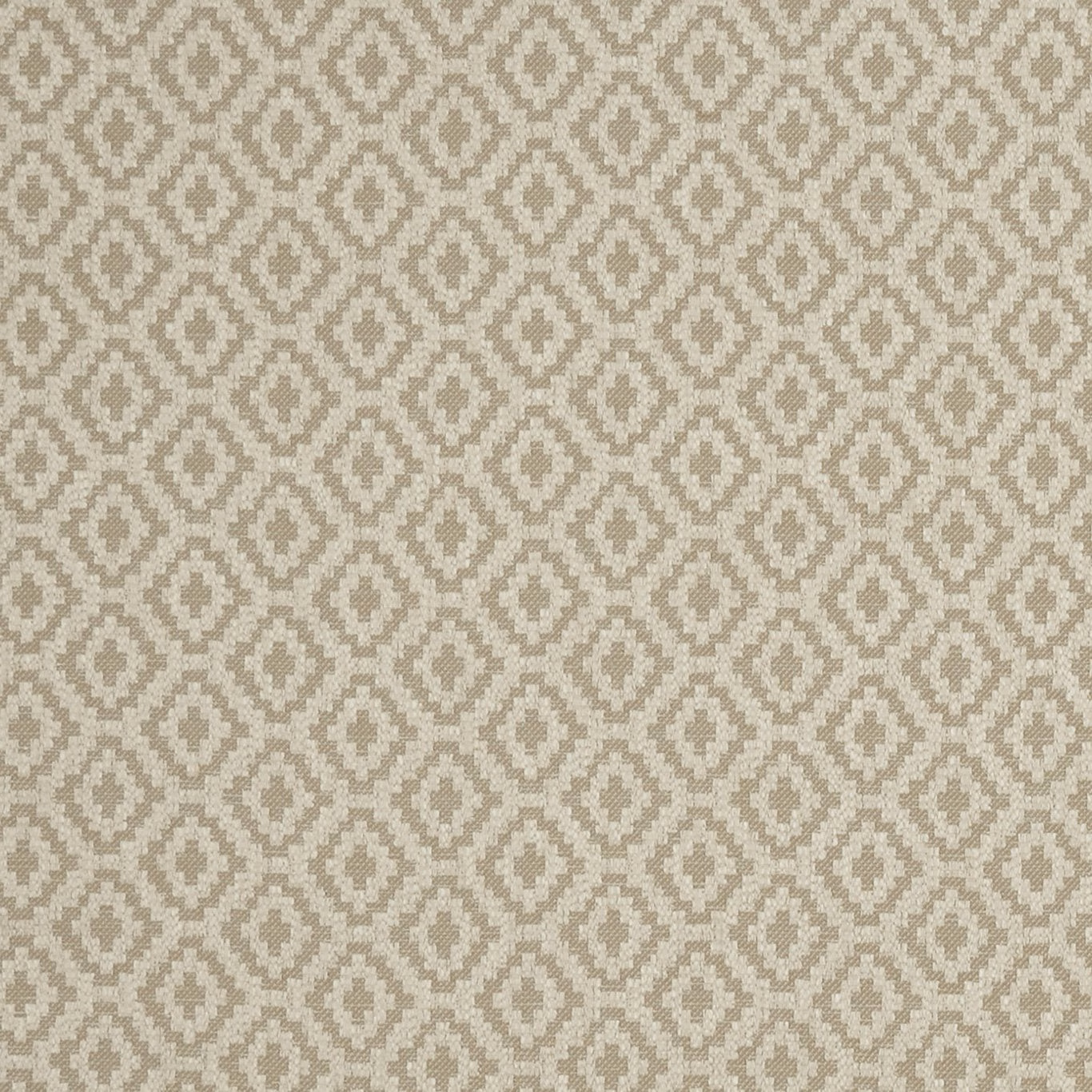 Warm beige woven fabric with ivory stepped-diamond motifs in a small geometric repeat