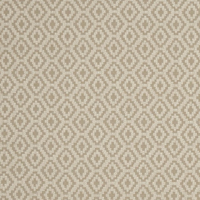 Warm beige woven fabric with ivory stepped-diamond motifs in a small geometric repeat