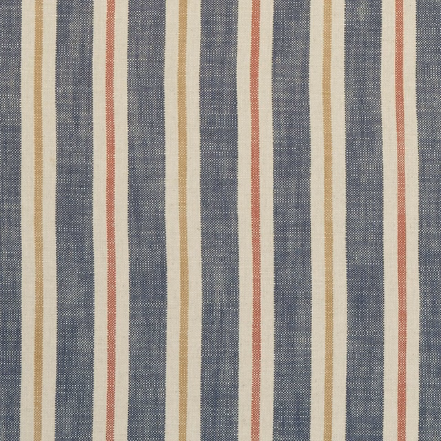 Midnight blue woven stripes with cream and spice-red pinstripes, close-up
