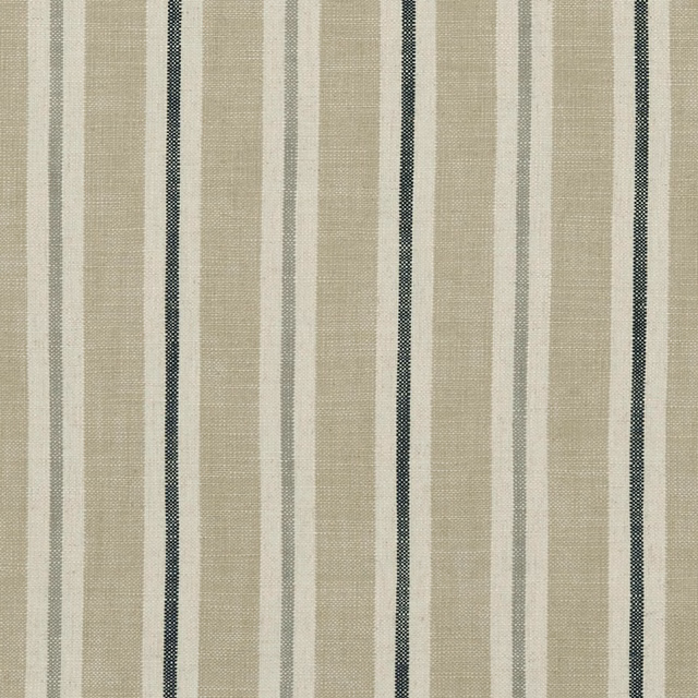 Warm oatmeal woven stripe with cream, taupe and charcoal vertical bands