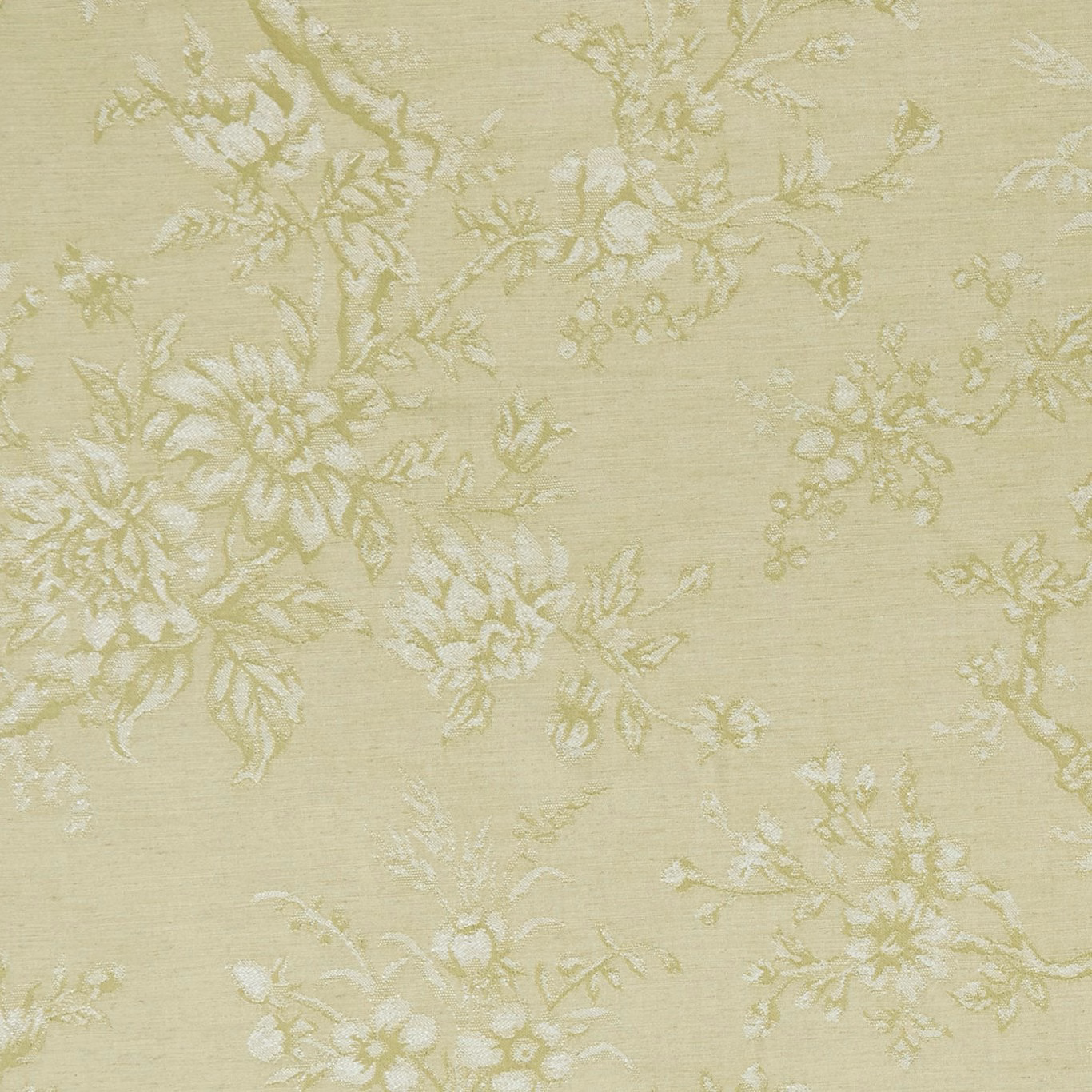 Pale citron green floral fabric with ivory bouquets and a fine woven texture