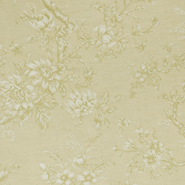 Pale citron green floral fabric with ivory bouquets and a fine woven texture