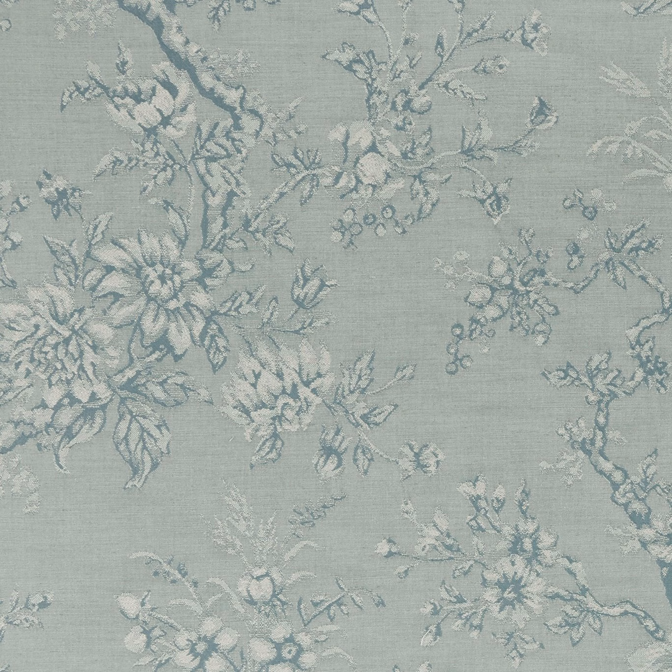 Muted eau de nil floral fabric with ivory blooms and blue-grey leafy branches