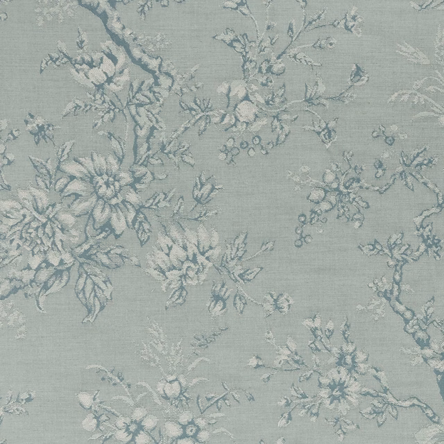 Muted eau de nil floral fabric with ivory blooms and blue-grey leafy branches