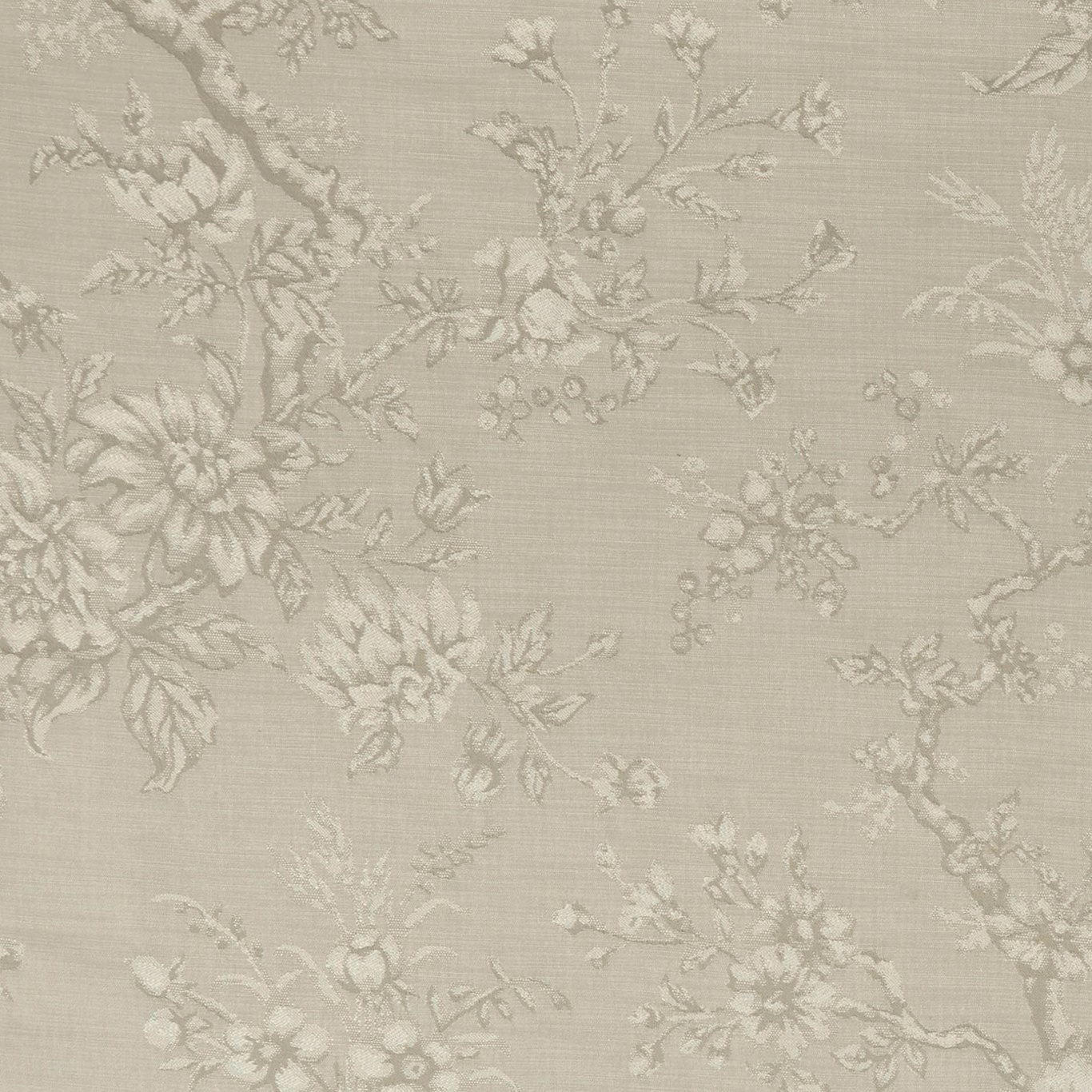 Muted greige-taupe linen texture with pale ivory botanical flowers and trailing branches