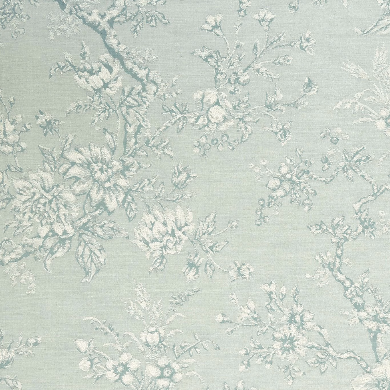 Pale mineral blue-green floral fabric with chalky branching blooms and textured weave