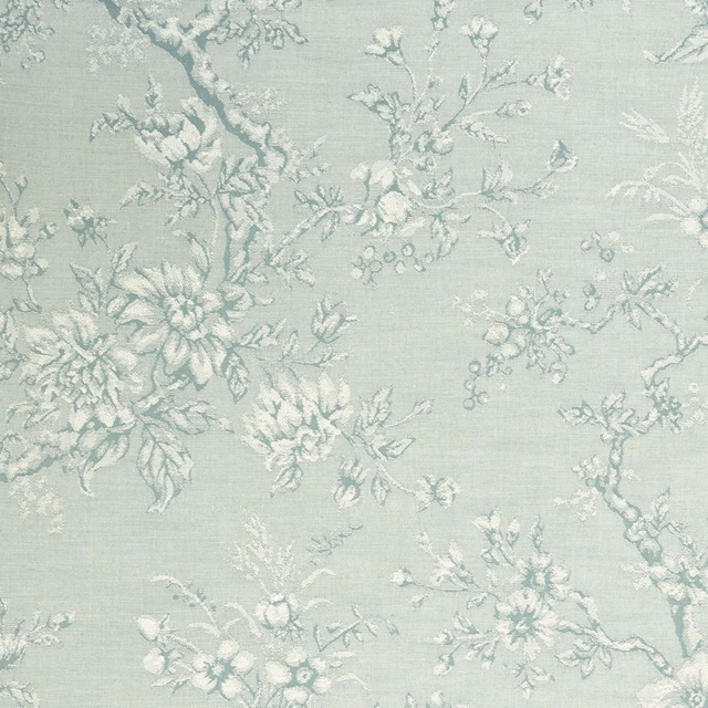 Pale mineral blue-green floral fabric with chalky branching blooms and textured weave