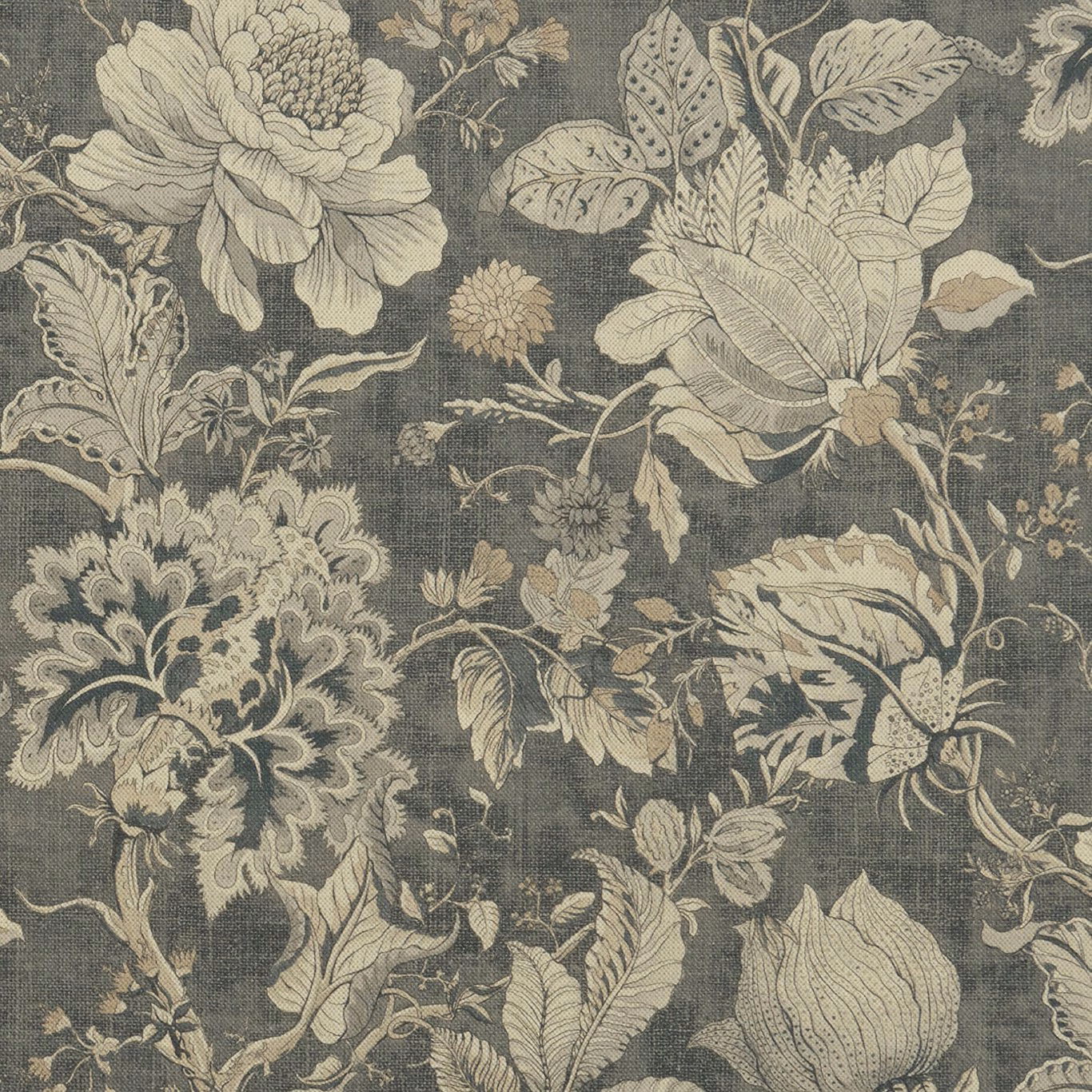 Charcoal grey floral fabric with stone blooms, sage leaves and woven texture