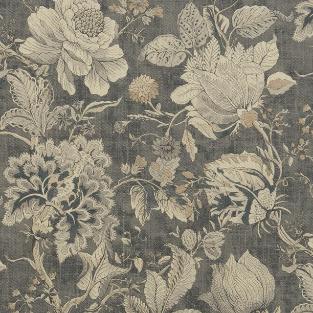 Charcoal grey floral fabric with stone blooms, sage leaves and woven texture