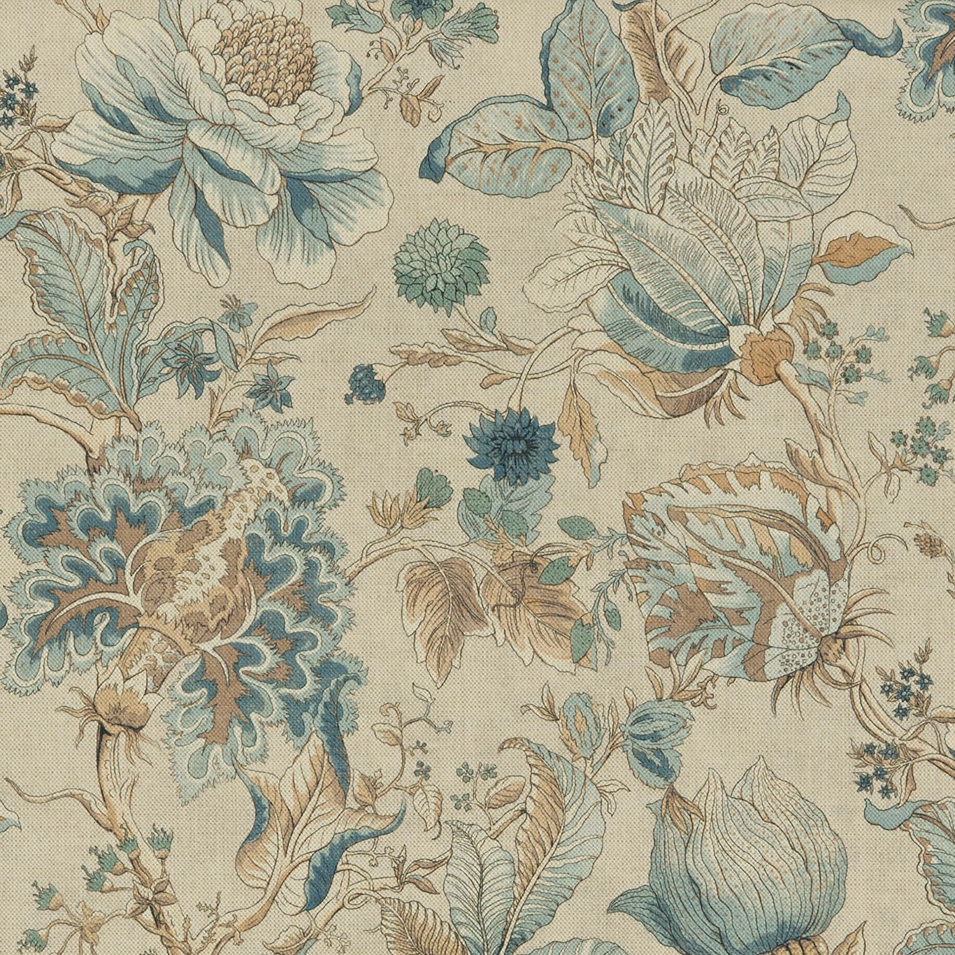 Eau de nil botanical fabric with teal peonies, leafy stems and fine woven texture