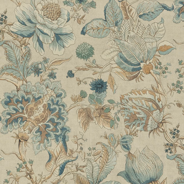 Eau de nil botanical fabric with teal peonies, leafy stems and fine woven texture