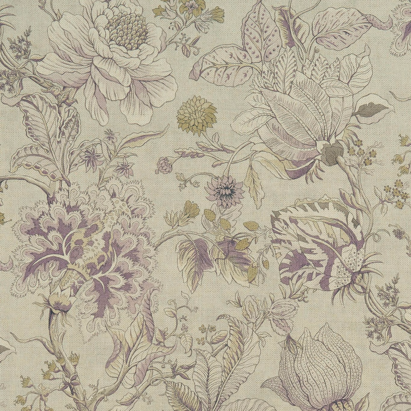 Muted olive botanical fabric with heather-mauve flowers and fine woven linework