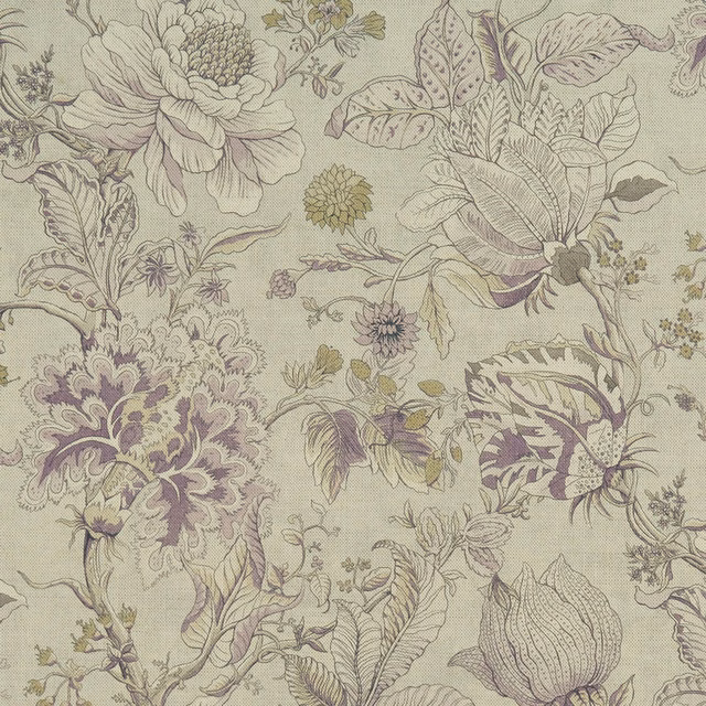 Muted olive botanical fabric with heather-mauve flowers and fine woven linework