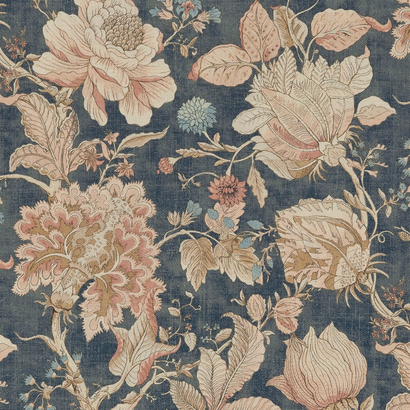 Midnight blue floral fabric with blush peonies, spice blooms and parchment foliage