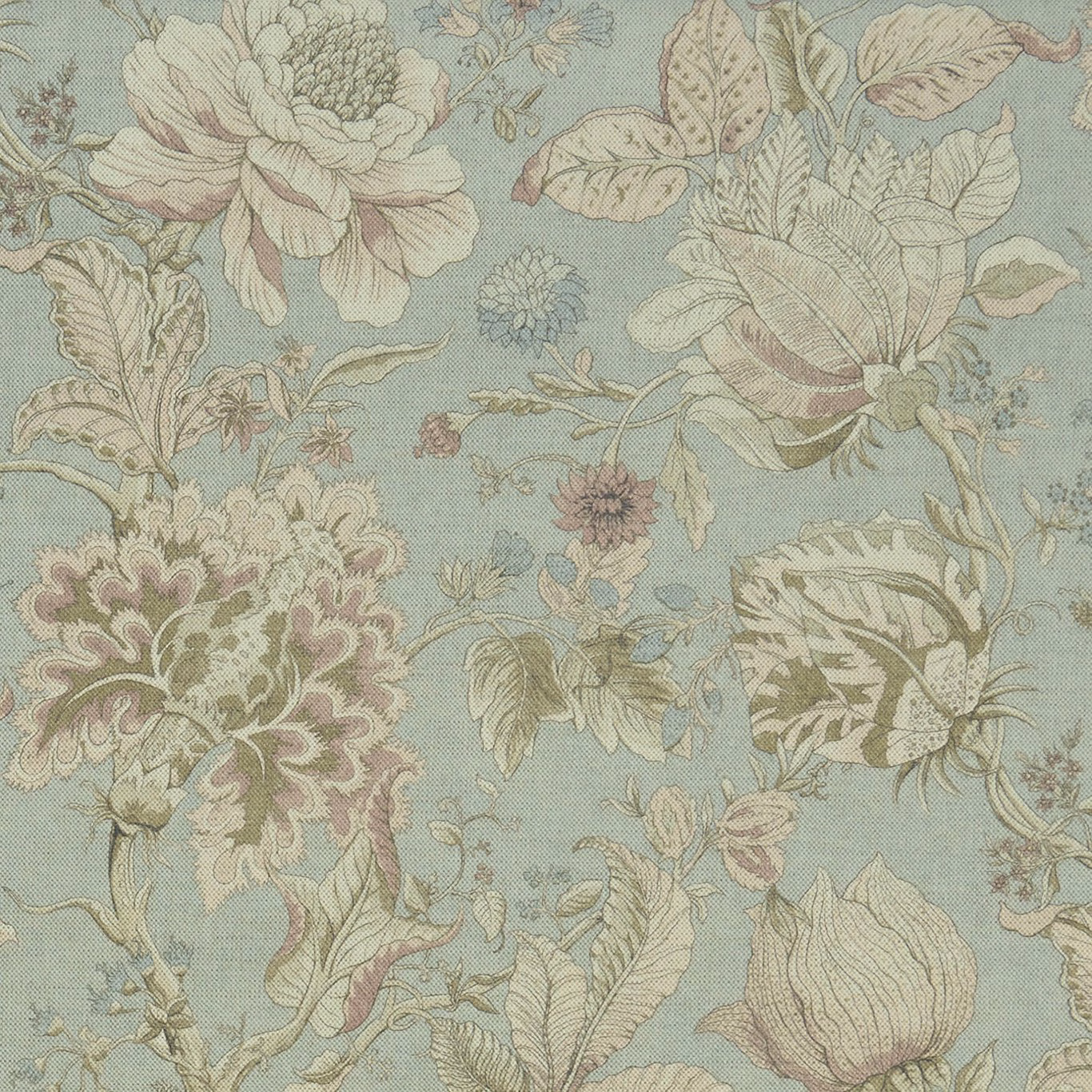 Mineral blue-green floral fabric with blush peonies, ivory leaves and fine textured grain