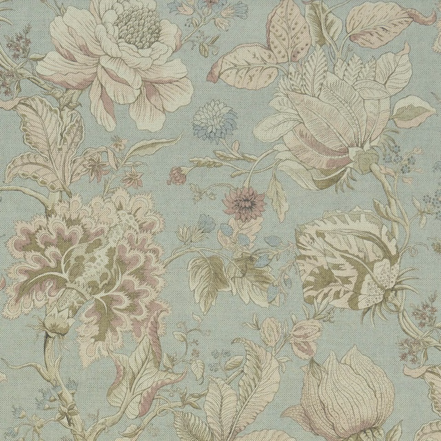 Mineral blue-green floral fabric with blush peonies, ivory leaves and fine textured grain