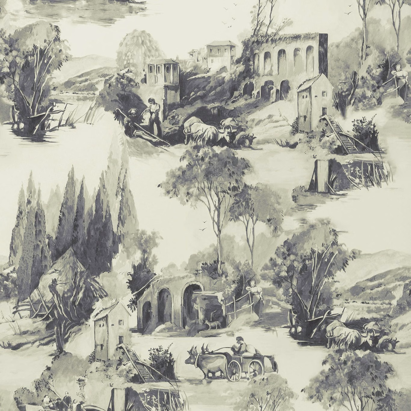 Charcoal and ivory pastoral landscape wallpaper with ruins, trees, arches and distant hills