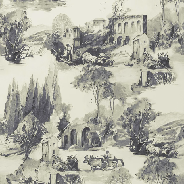 Charcoal and ivory pastoral landscape wallpaper with ruins, trees, arches and distant hills