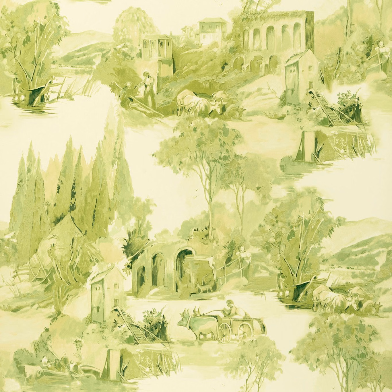 Pale citron-green scenic wallpaper with cypress trees, villas, arches and pastoral figures