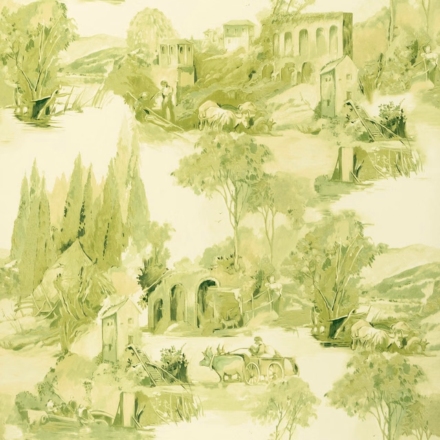 Pale citron-green scenic wallpaper with cypress trees, villas, arches and pastoral figures