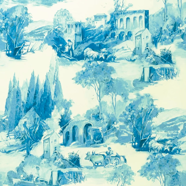 Pale aqua Delft-blue wallpaper showing pastoral villas, arches, trees and grazing animals.