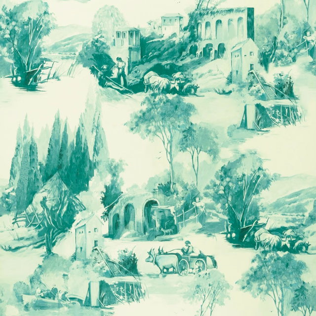 Pale jade scenic wallpaper with villas, trees, arches, hills and a pastoral cart scene