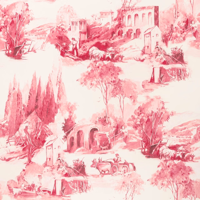 Raspberry pink toile landscape with arches, trees, figures and carriage on ivory wallpaper