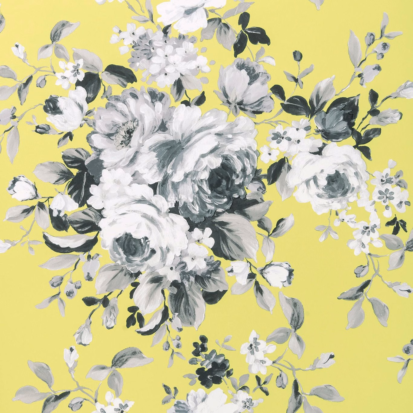 Citron yellow wallpaper with painterly white, grey and charcoal peony bouquets
