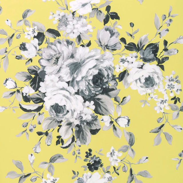 Citron yellow wallpaper with painterly white, grey and charcoal peony bouquets
