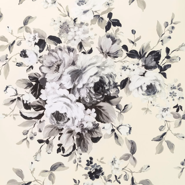 Warm ivory wallpaper with painterly charcoal, grey and black floral bouquets