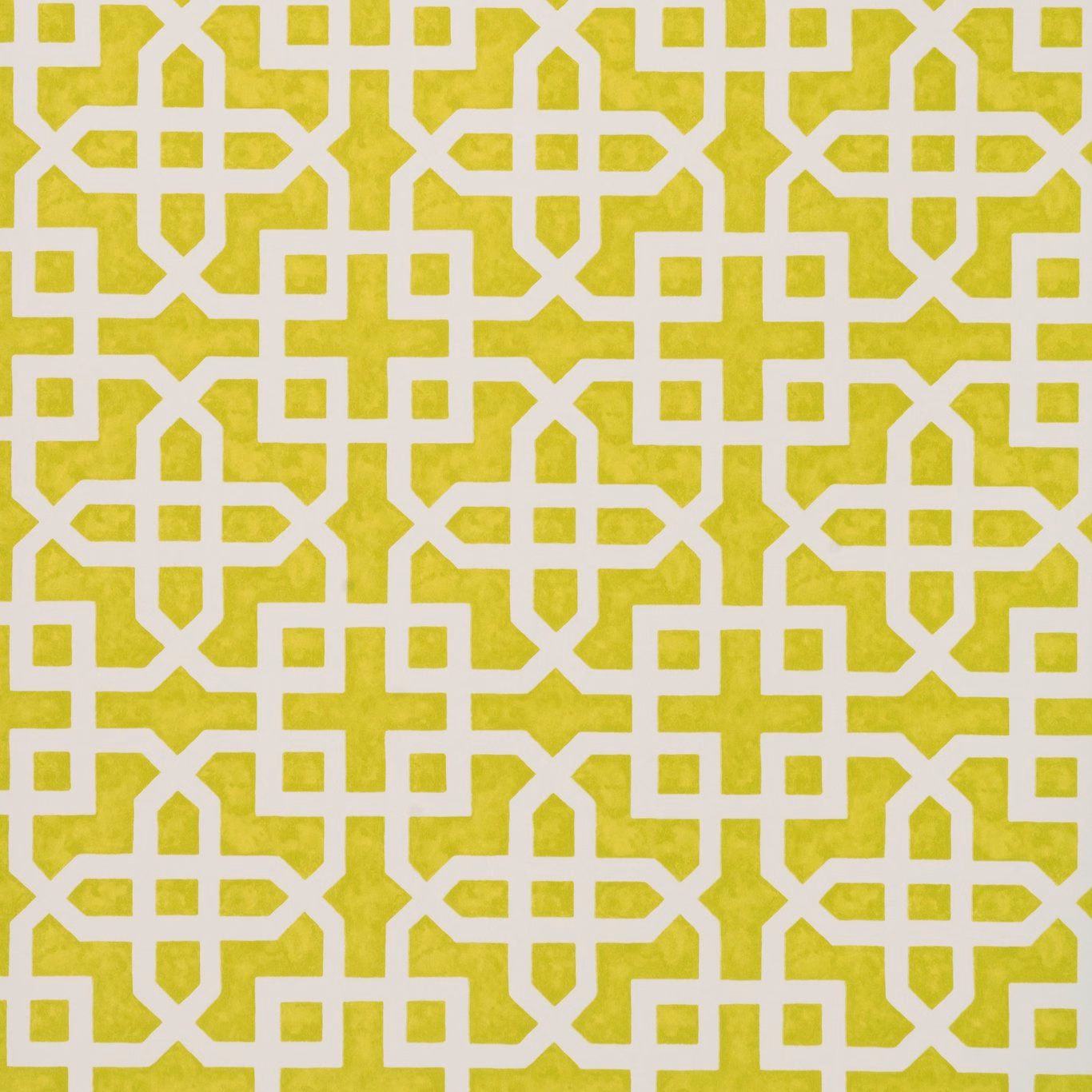 Citron yellow wallpaper with white interlocking geometric lattice and subtly mottled surface