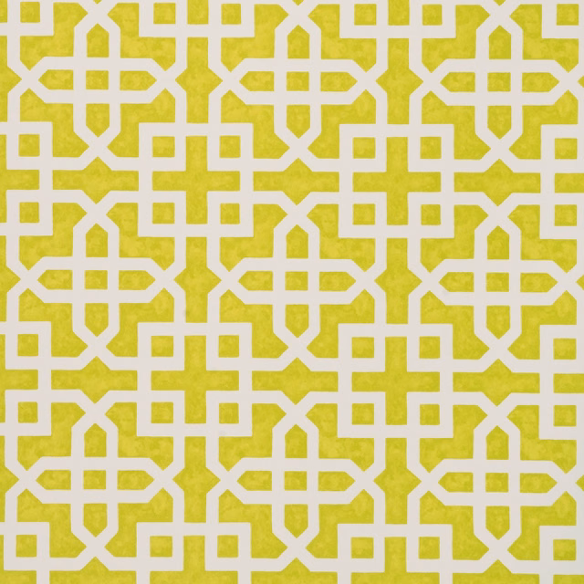 Citron yellow wallpaper with white interlocking geometric lattice and subtly mottled surface