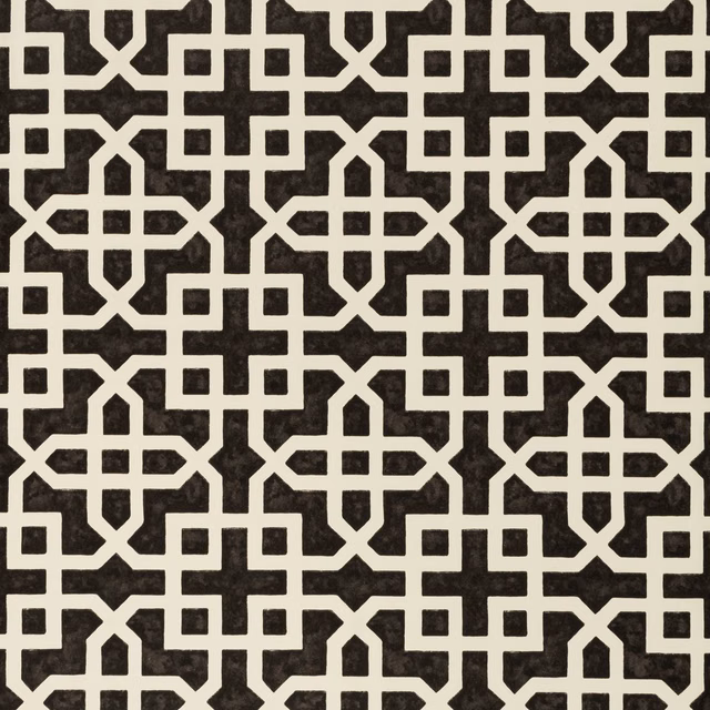 Ebony wallpaper with an ivory interlocking geometric lattice and crisp square motifs
