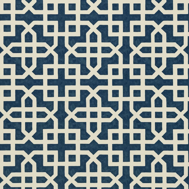 Deep indigo wallpaper with ivory interlocking trellis and small square motifs