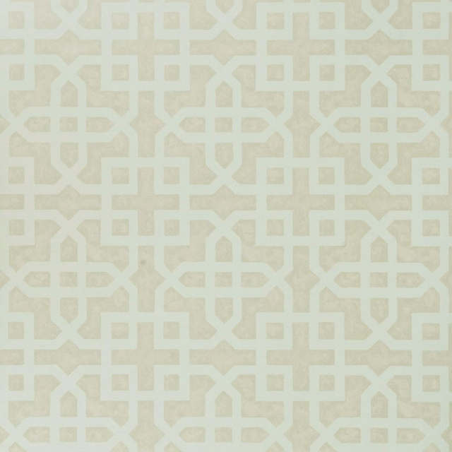 Pale natural beige wallpaper with muted sage geometric lattice and softly mottled blocks