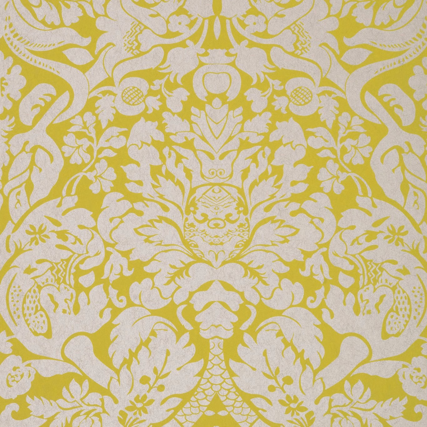 Citron-yellow symmetrical damask with ivory foliage and intricate medallion details