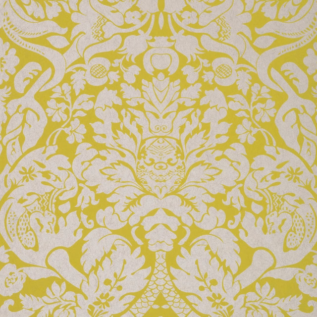Citron-yellow symmetrical damask with ivory foliage and intricate medallion details