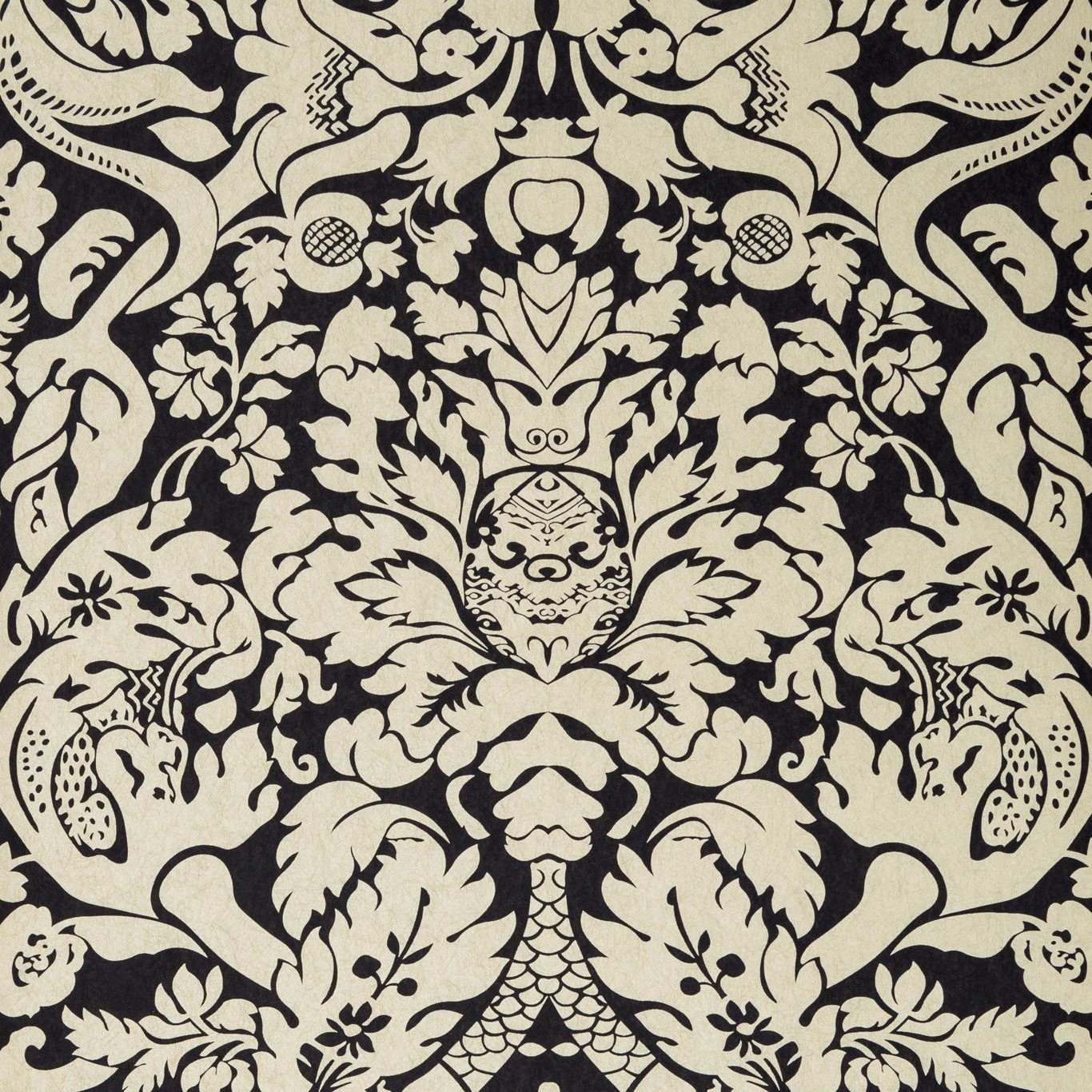 Ebony and cream symmetrical damask with scrolling leaves, fruit and central urn motif